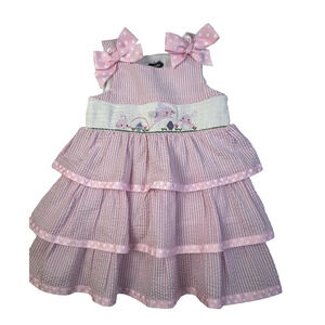 Mud Pie Smocked Easter Dress Girl 2 T Bunnies Pink Seersucker Sundress Ruffles